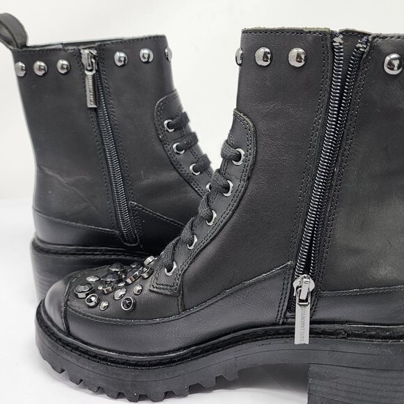 Karl Lagerfeld Women’s 5.5M Breck Black Studded Leather Moto Booties Chunky Heel - Picture 9 of 11